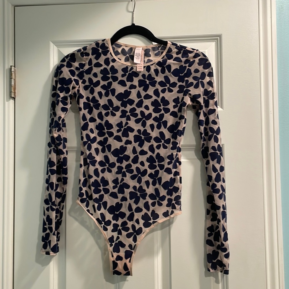 Victoria’s Secret sz XS long sleeve thong bodysuit nude mesh blue velvet flowers